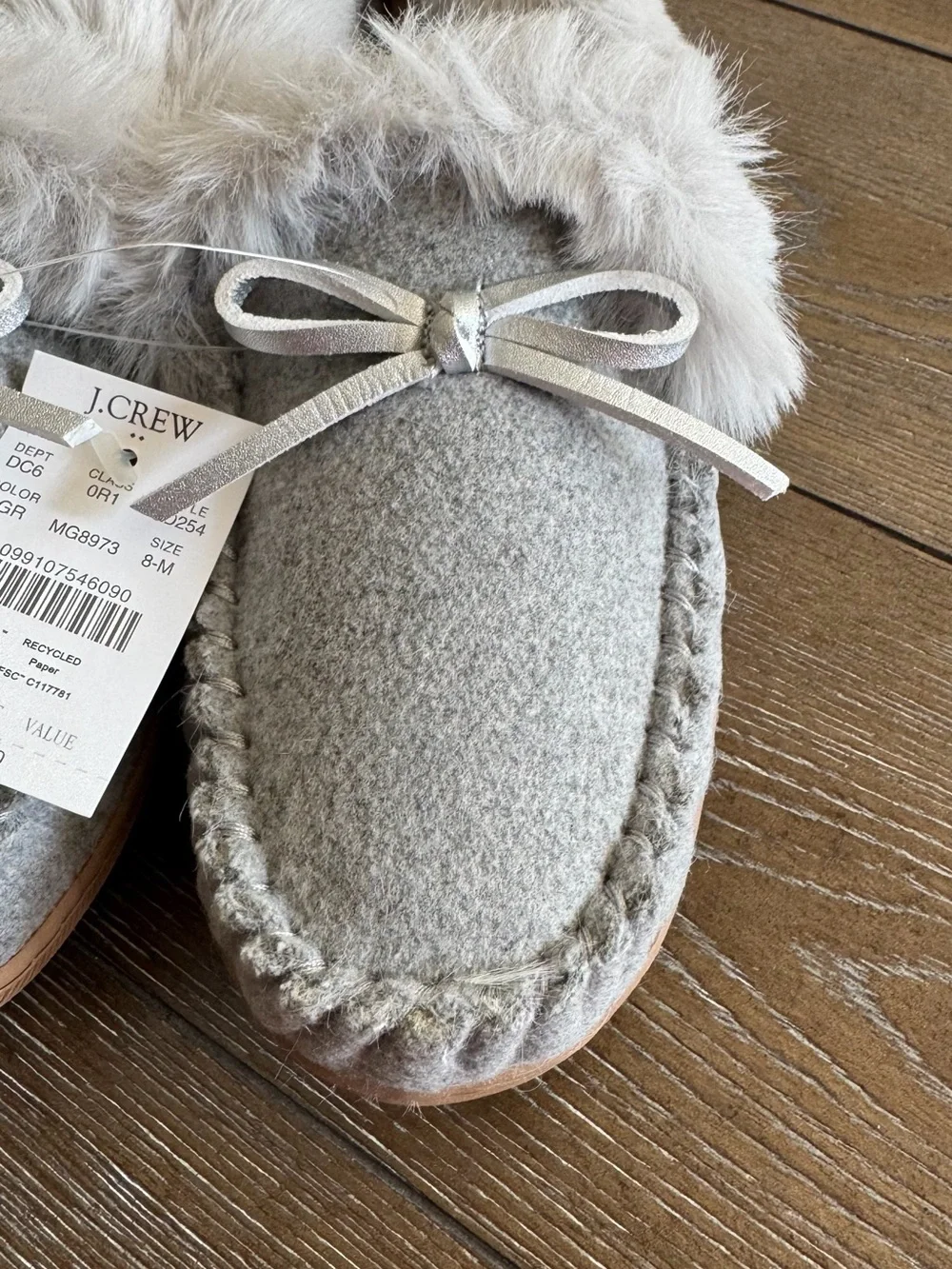 J. Crew Gray Faux-Fur Pom Moccasin Slippers with Tan Sole